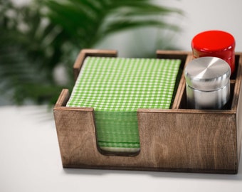 Wooden tabletop caddy. Personalized condiment holder. Table organizer