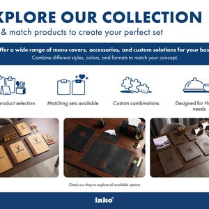 Collection overview banner showing the full product range on a navy background — multiple cover styles, colors, and formats in thumbnail grid. Standard reference image for buyers at the start of the decision process. The grey stone-textured Mori style is shown here as one option within a wider range, which helps buyers understand it's not an isolated product but part of a coordinated system — the same seller offers many different styles, all with the same custom engraving service.