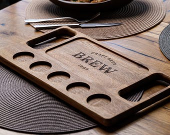 Wooden Shot Serving Board for Bar | Oak Tasting Board with 6 Shot Glass Holes Condiment Well Snack Tray Handles, Custom Engraving