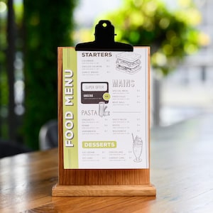 Soporte de mesa de roble con clip negro: soporte de madera para menús para exhibir en la mesa, soporte de portapapeles personalizado, soporte para letreros de restaurantes y tiendas minoristas