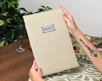 Milled Leather Menu Holder with Elastic Band and Metal Logo Plate, Restaurant Menu Cover, Cafe Bar Drink Menu Folder