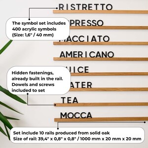 Upgrade your café's décor with this modern menu board, adorned with sleek oak rails and clear acrylic letters, offering a visually appealing and user-friendly presentation of your café's menu options for customers.