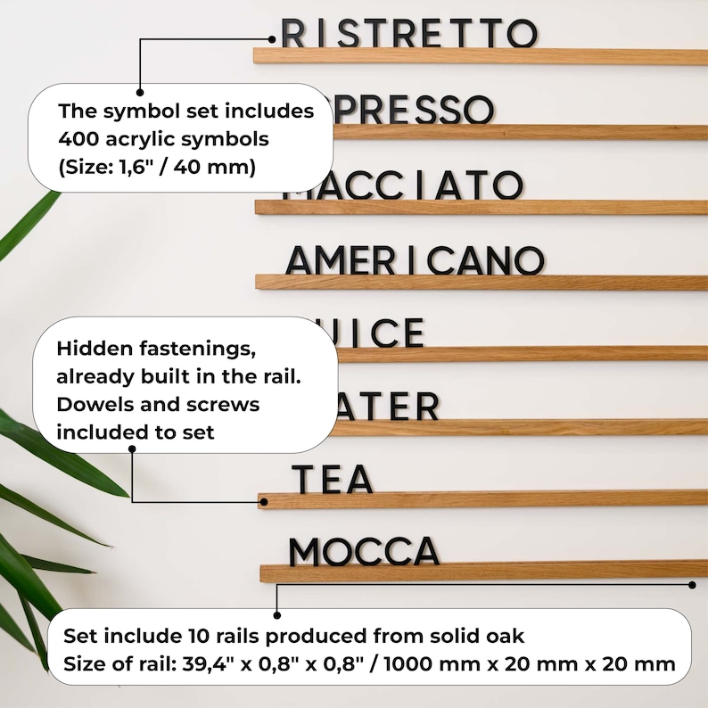 Upgrade your café's décor with this modern menu board, adorned with sleek oak rails and clear acrylic letters, offering a visually appealing and user-friendly presentation of your café's menu options for customers.