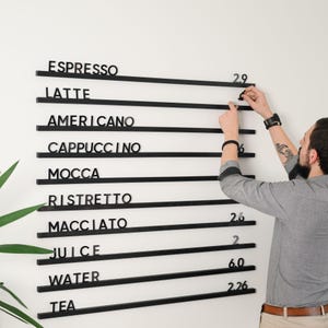 Tableau de menu mural, tableau de menu en chêne, menu mural, tableau à lettres interchangeable, support de menu de café, menu de boulangerie, menu de café suspendu, ensemble de rebords à lettres