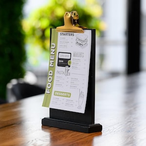Suporte de mesa com clipe dourado, fichário de menu de mesa, suporte de prancheta, suporte de menu personalizado, suporte de mesa de bar, suporte de mesa de café