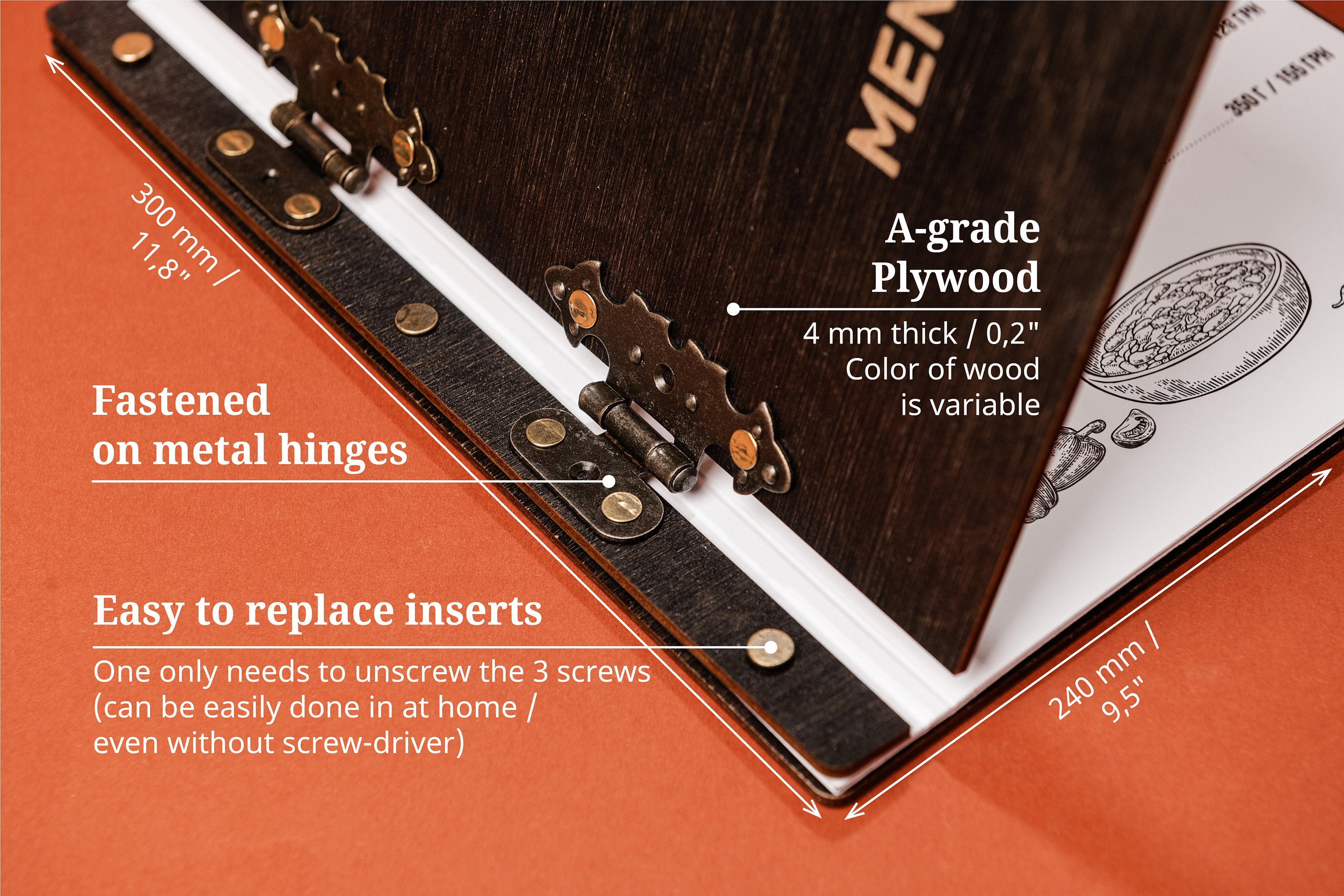 Wooden menu folder A4 with hinges Engraved Menu Holder Etsy