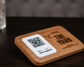 Oak QR Code Menu Sign, Personalized Restaurant Tabletop Display