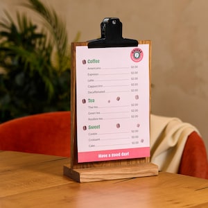 Oak Tabbed Tablet with Colored Clip for A5 / Half Letter Sheets – Wooden Menu Holder, Clipboard for Restaurants, Cafes & Events