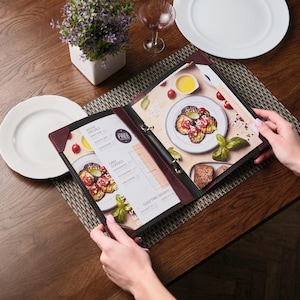 Portamenús de cuero apto para hojas de tamaño legal - Funda para carta de vinos - Carpeta con logo grabado - Libro de menús personalizable