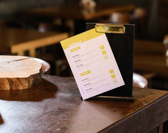 Supporto per menu da tavolo con raccoglitore per fogli A5/A4, cartello da tavolo in legno, display del negozio di quercia nera, scheda del menu, supporto per cartello in legno