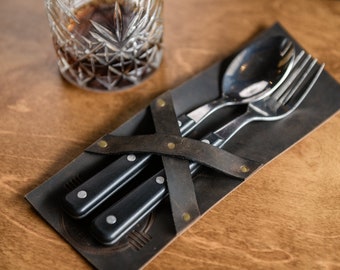 Personalized Leather Cutlery Holder, Restaurant Utensil Case