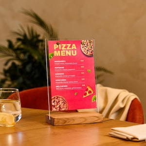 A5 Acrylic Menu Board & Table Sign — Clear Table Number Holder, Wooden Oak Base, Wedding Table Decor, Restaurant Menu Stand
