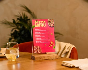 Soporte de menú 2 en 1 en acrílico A5 con base de madera de roble – Expositor de sobremesa para restaurante o carta de cócteles