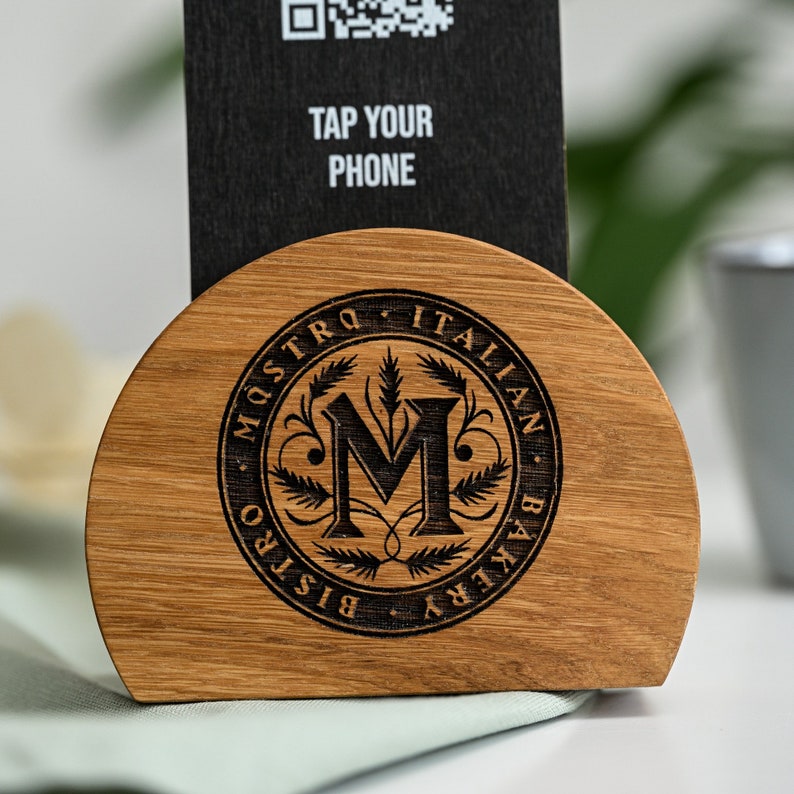 Modern restaurant menu tabletop sign, incorporating NFC tag and QR code for efficient digital menu access.