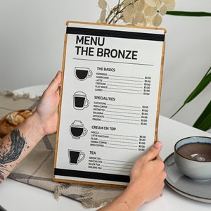 Tableau de menu en bois avec fixation par bande élastique, support de menu gravé, chemise de menu de boissons, couverture de menu personnalisée, couverture de menu d'une page