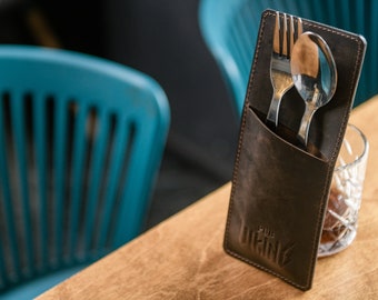 Leather Cutlery Holder, Restaurant Cutlery Case, Custom cutlery holder with pesonalization, Utensil Holder  with Logo