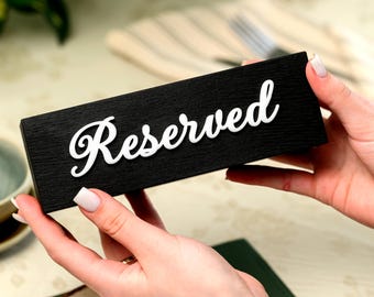 Elegant Reserved Sign for Restaurant Tables | Black Wood Reservation Plaque with White Acrylic Script | Modern Tabletop Marker Cafe Bar