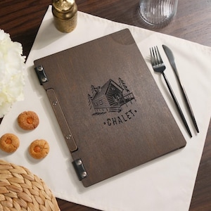Suporte de cardápio para folhas trocáveis, suporte de cardápio de madeira gravada, suporte de cardápio de bebidas, quadro de cardápio, livro de cardápio personalizável