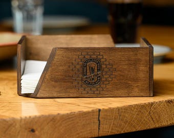 Engraved Wooden Napkin Holder: Custom Logo Rustic Bar Decor