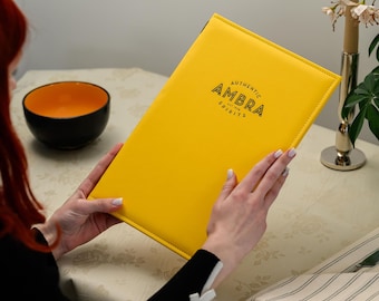 Sun Yellow Faux Leather Menu Cover: Custom Embossed Cocktail Bar Folio