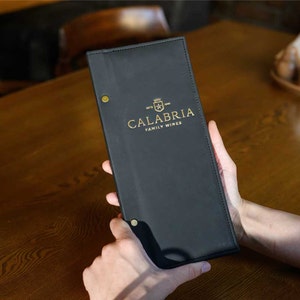Etui na kartę win ze skóry ekologicznej, teczka na karty menu drinków, folio na menu restauracji z wytłoczonym logo