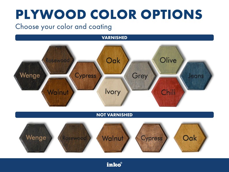 Etsy listing color selection guide for a handcrafted plywood napkin holder showing available wood stain options including Oak, Wenge, Walnut, Cypress, Rosewood, Chili, Jeans, Grey, Khaki, and Olive. Navy blue branded color chart for buyers choosing a custom stain for their engraved wooden pub napkin holder, bar table organizer, or personalized hospitality woodcraft order on Etsy marketplace.
