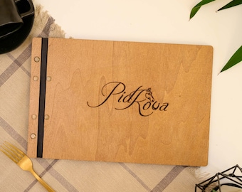 Landscape Menu Folder fastened on leather strap, Wooden Menu Cover with engraving, Menu Holder for restaurant, Wooden Menu Board, Drink Menu