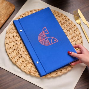 Carpeta de menú de tela con logotipo, cubiertas de menú para hojas intercambiables, soporte para documentos de restaurante, carpeta de menú minimalista A4