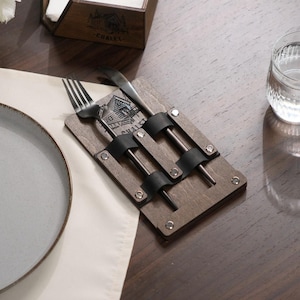 Wooden Cutlery Holder with Leather Straps, Rustic Utensil Organizer, Handmade Wood and Leather Silverware Caddy for Kitchen or Restaurant