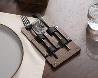 Wooden Cutlery Holder with Leather Straps, Rustic Silverware Organizer
