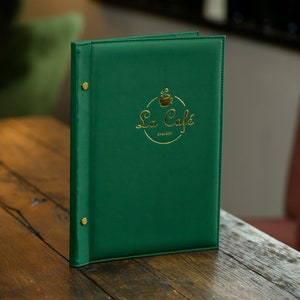 Carpeta de menú de piel sintética con logotipo grabado, tamaño carta, funda para menú de restaurante, portamenús personalizable