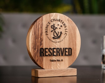 Oak Restaurant Reserved Table Sign, Custom Logo Engraving