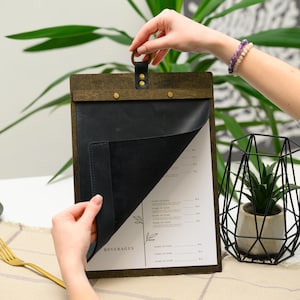 Wooden Menu Board with Leather Cover, Menu cover with Embossing, Restaurant Menu Folder, Leather Custom Menu Cover for Changeable Sheets