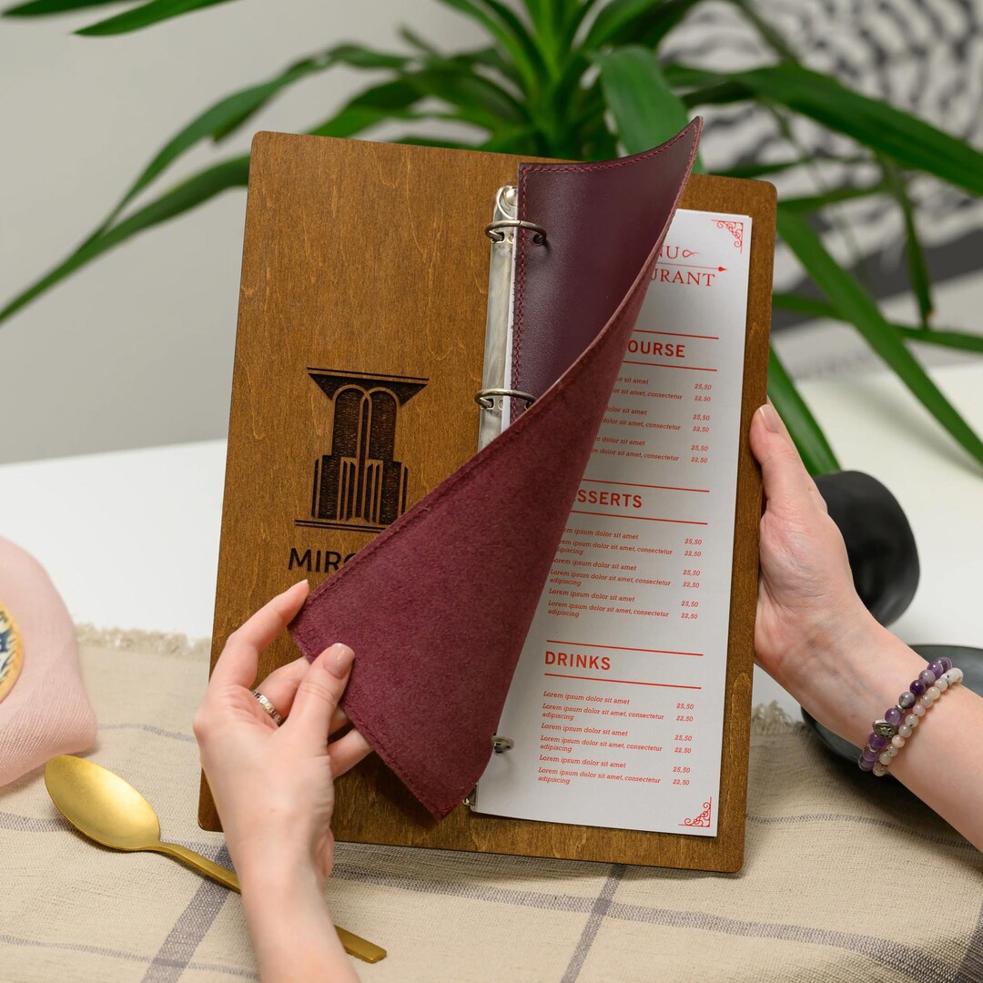 Menu Cover With Ring Binder, Wooden Menu Holder With Leather Cover