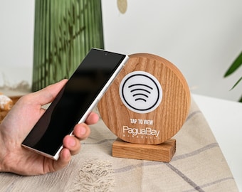 Custom NFC Tap to Pay Sign with UV Printing, Oak Restaurant Tabletop Sign