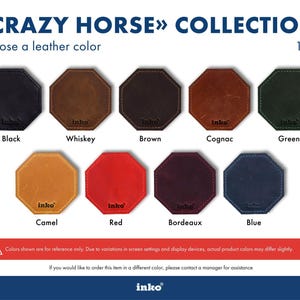 Crazy Horse genuine leather menu holder color chart displaying nine natural-look leather shades for InkoHoreca hospitality covers: Black, Cognac, Brown, Whiskey, Green, Camel, Red, Bordeaux, and Blue swatches with visible grain and patina character, helping restaurant and cafe buyers compare tones before choosing a custom-branded genuine leather menu holder, check presenter, or bill presenter for bulk wholesale ordering across venues and multi-location chains.
