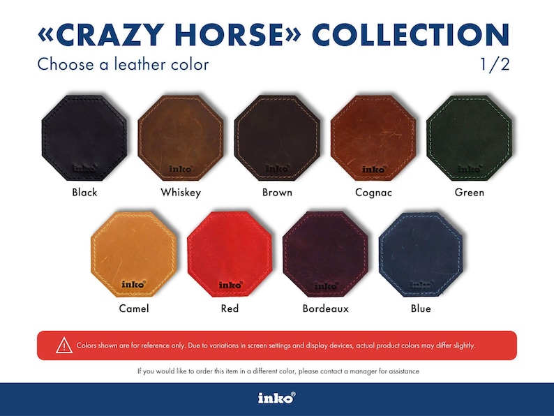 Crazy Horse genuine leather menu holder color chart displaying nine natural-look leather shades for InkoHoreca hospitality covers: Black, Cognac, Brown, Whiskey, Green, Camel, Red, Bordeaux, and Blue swatches with visible grain and patina character, helping restaurant and cafe buyers compare tones before choosing a custom-branded genuine leather menu holder, check presenter, or bill presenter for bulk wholesale ordering across venues and multi-location chains.