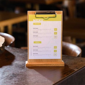 Soporte de mesa para menú con carpeta para hojas A5/A4, letrero de madera para mesa, expositor de roble para tienda, tablero de menú, soporte de letrero de madera