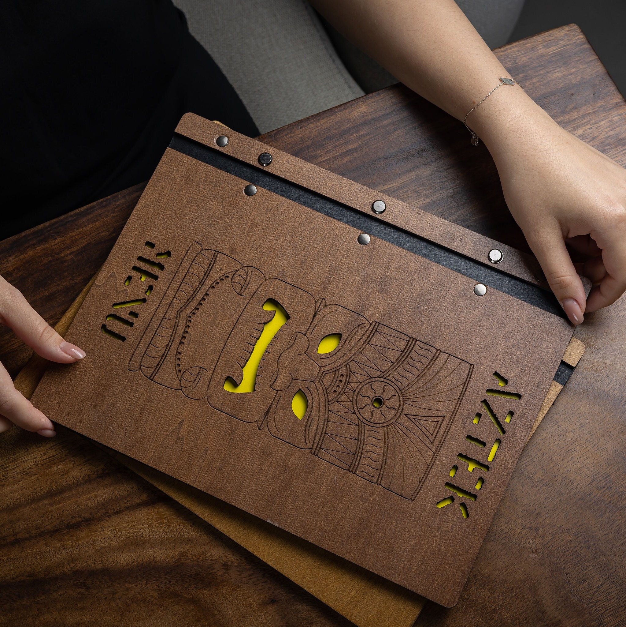 Custom Plywood Menu Folder: Engraved Restaurant Menu Holder With