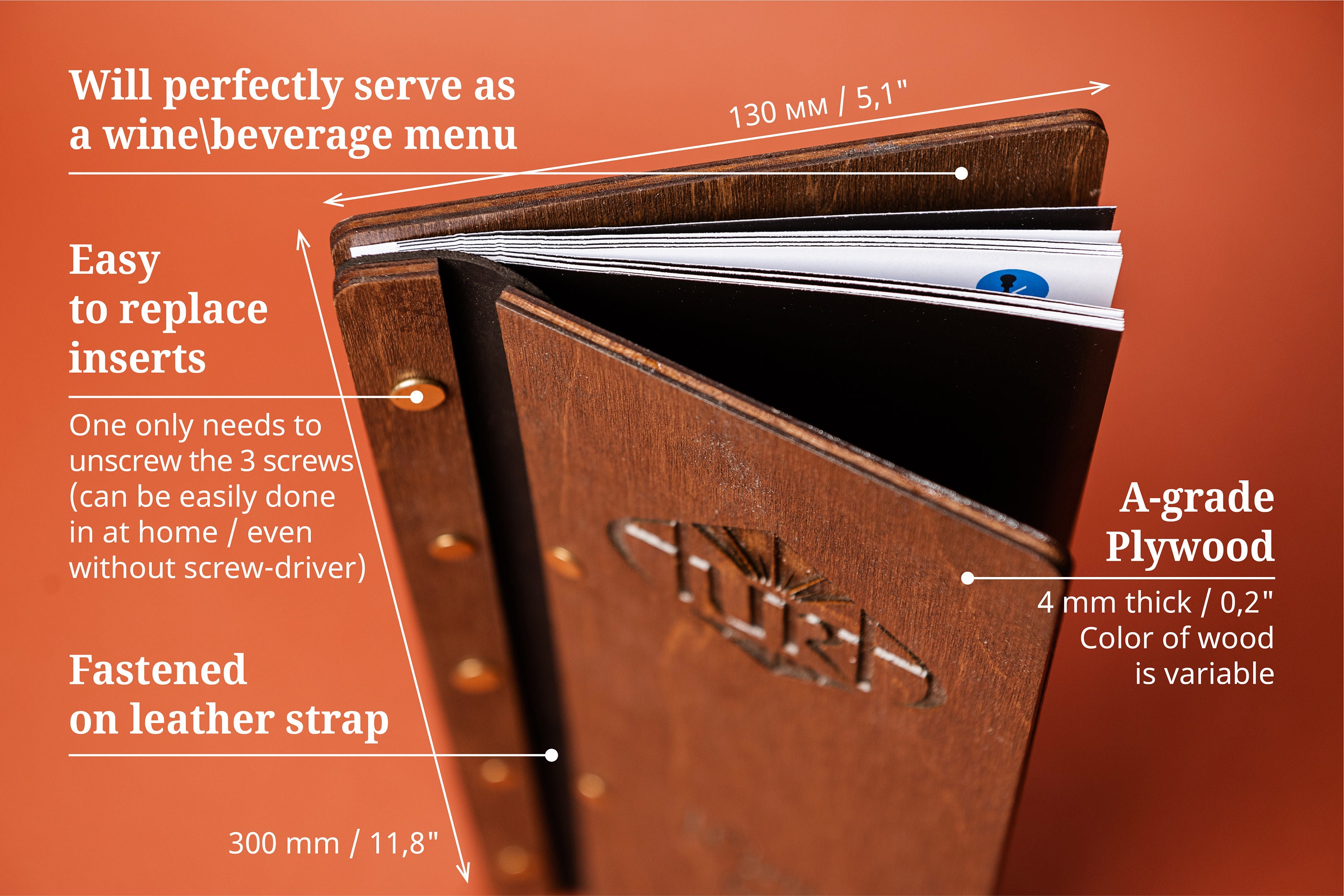 Wooden menufolder for wine list fastened on leather strap Etsy