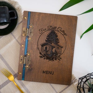 Drewniana okładka menu z zawiasami, grawerowany uchwyt na menu, teczka na menu restauracji, tablica menu, książka menu, niestandardowa okładka menu, drewniana teczka na menu