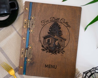 Capa de cardápio de madeira com dobradiças, suporte de cardápio gravado, pasta de cardápio de restaurante, quadro de cardápio, livro de cardápio, capa de cardápio personalizada, pasta de cardápio de madeira