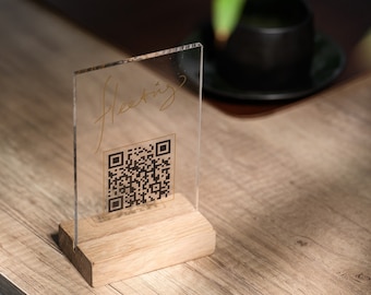 Personalized Acrylic QR Code Menu Display: Oak Base, UV Print