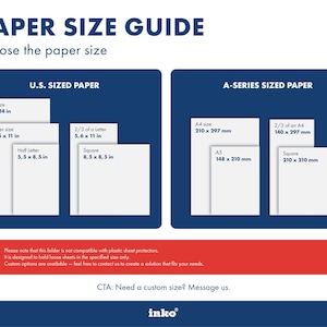 Paper size spec sheet showing A4 and US Letter format diagrams. Red warning bar. Blue and white layout. Standard practical reference for buyers printing menu inserts. The square format of the Mori cover means standard paper sizes may need trimming to fit — A4 is taller than it is wide, so it won't fill a square cover without adjustment. This spec sheet helps buyers understand the exact dimensions before they start designing and printing their menu pages.