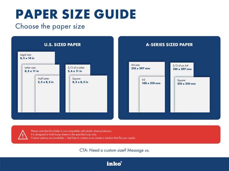 Paper size spec sheet showing A4 and US Letter format diagrams. Red warning bar. Blue and white layout. Standard practical reference for buyers printing menu inserts. The square format of the Mori cover means standard paper sizes may need trimming to fit — A4 is taller than it is wide, so it won't fill a square cover without adjustment. This spec sheet helps buyers understand the exact dimensions before they start designing and printing their menu pages.