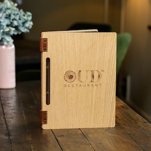 Couverture de menu de restaurant en HDF contreplaqué, support de menu avec logo gravé, pochette de menu résistante, pochette de menu personnalisable