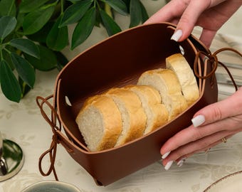 Leather Bread Basket with Ties for Restaurant | Genuine Capri Leather Tie-Corner Bread Server | Cafe Bar Hotel Tabletop Basket