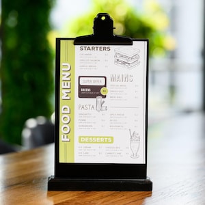Suporte de mesa com clipe preto – Suporte de menu de mesa personalizado, suporte de prancheta, placa de loja de varejo, display de mesa personalizado