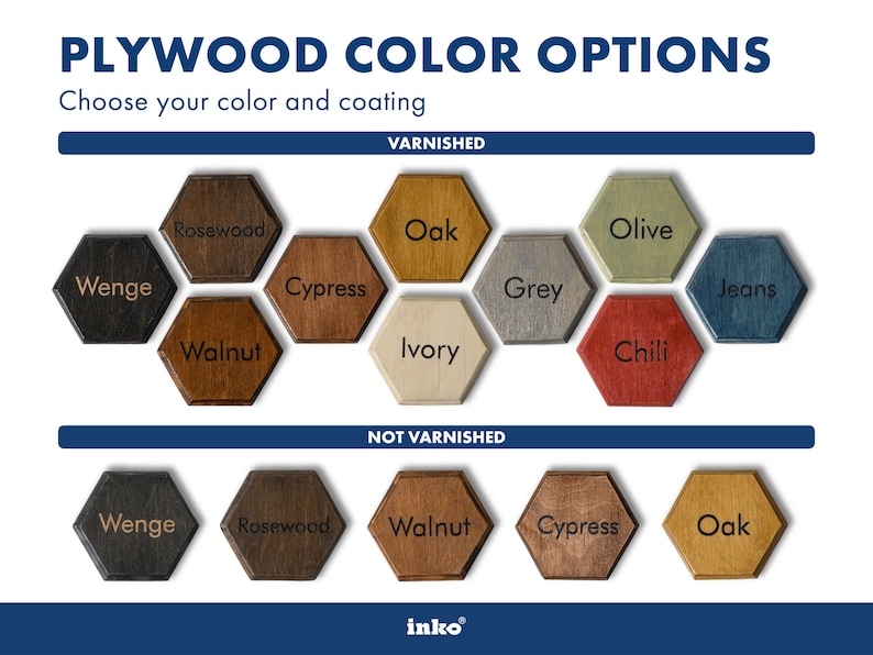 Color swatch chart on navy background — ten finish options including teak, rouge, walnut, cypress, rosewood in the top row, plus grey, amber, kraft, and olive below. Real wood grain visible in each swatch. Standard finish selection reference. For the stone-texture cover specifically, the grey swatch in the bottom row most closely represents the Mori cover finish — matte, cool-toned, and distinct from all the warm wood grain options above it in the chart.