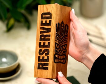 Wooden Reserved Sign for Restaurant Tables | Reservation Block Engraved for Cafe Bar | Tabletop Marker with Logo